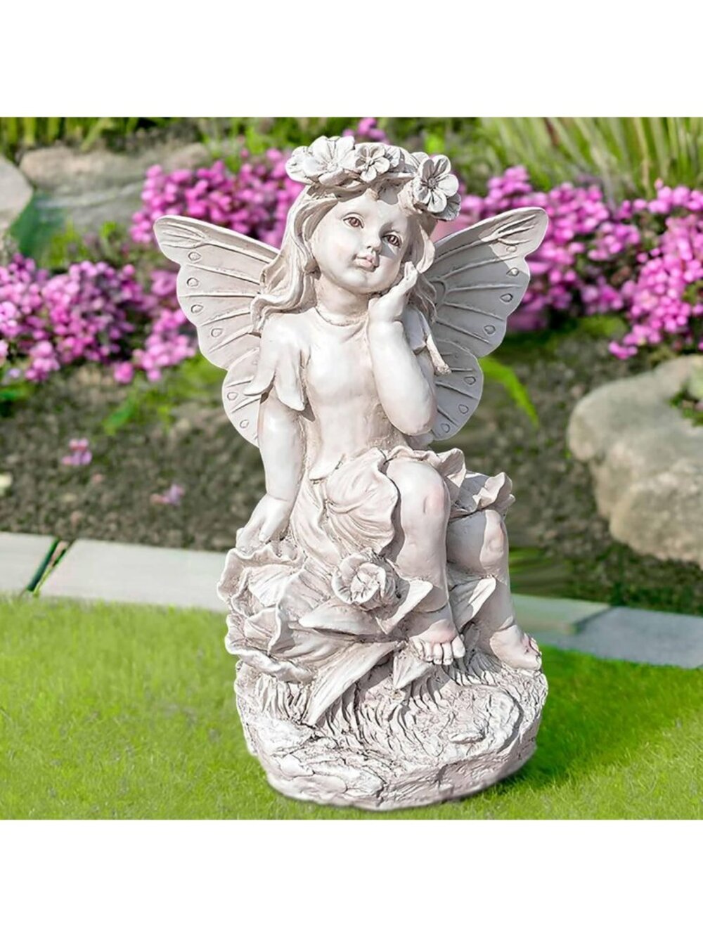 Enchanting Sitting Fairy Garden Statue, 12.8" Resin Figurine for Outdoor Decor